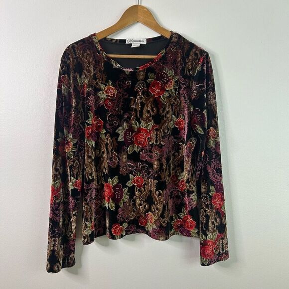 Dressbarn XL Velvet Burnout Top Floral Baroque Tapestry Red Green Long Sleeve - Picture 1 of 9
